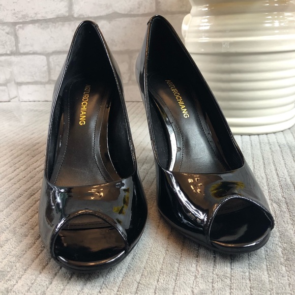 Arturo Chiang Black Leather Peep Toe Pumps 7.5M - Picture 7 of 8
